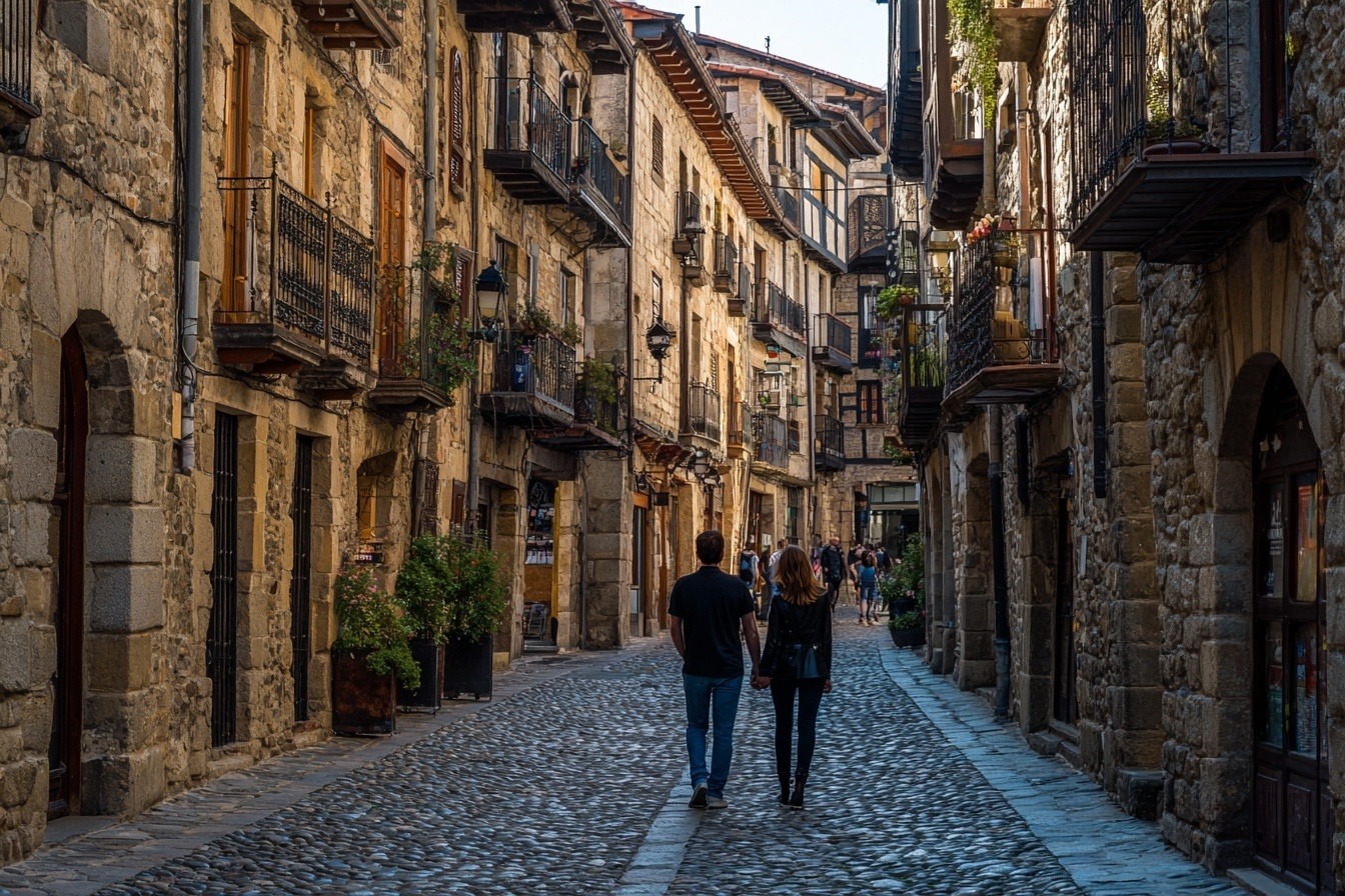 Pareja paseando por las calles medievales de Vitoria-Gasteiz en Álava