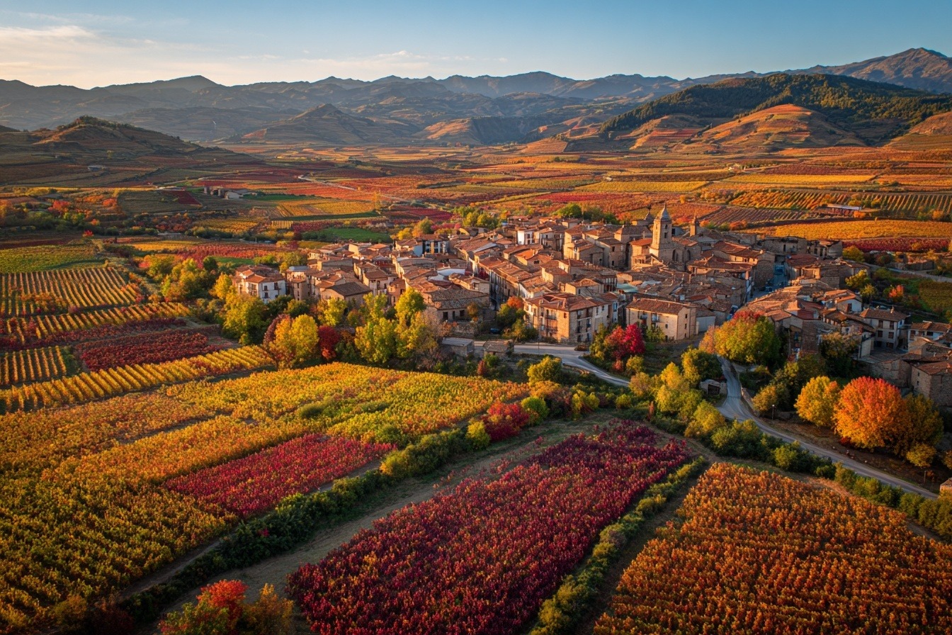 Viñedos de la Rioja Alavesa en otoño con el pueblo de Laguardia al fondo